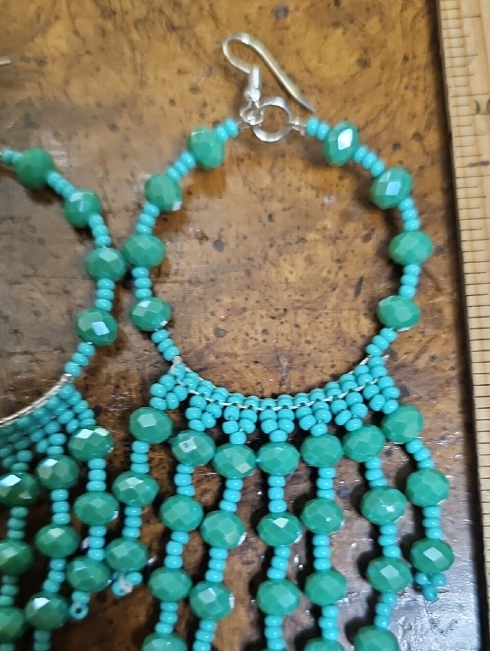 Turquoise Beaded Fringe Hoop Earrings - Women Jewelry - Picture 5 of 7